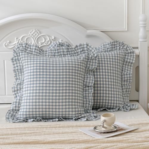 2 Pack Blue White Plaid Euro Pillow Shams Ruffle Pillowcases, 26x26 Inches - Image 3