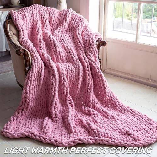 Chunky Knit Throw Blanket for Couch，60X80 Inches Pink - Image 3