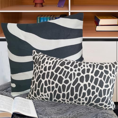 Throw Pillow Cover Giraffe Spots Animal Embroidered Cotton Canvas 1pc Decorative Lumbar Pillow Case Black Cushion Cover 12x20 inch 30x50cm - Image 4