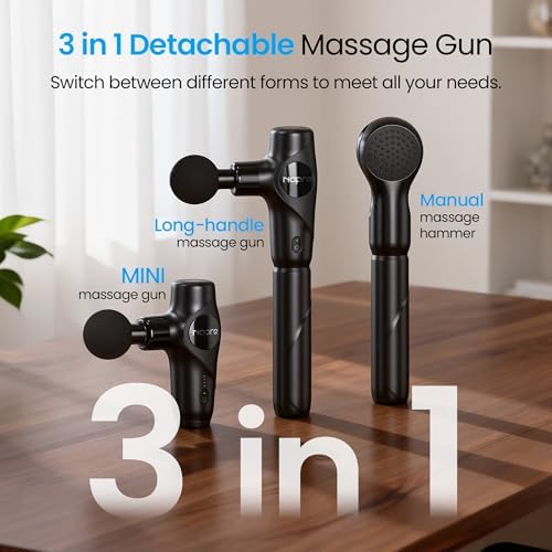 NAPRE 3-in-1 Detachable Massage Gun,Mini Massage Gun Deep Tissue with Extension Handle,Portable Handheld Percussion Muscle Massager for Back/Neck/Body,Small & Quiet,5 Heads,with Case - Image 2