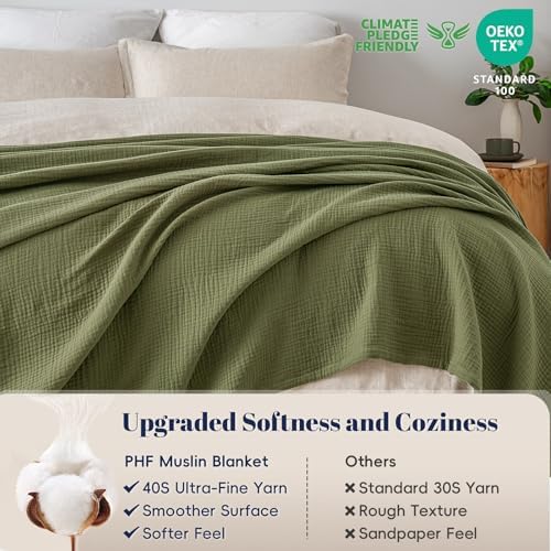 PHF 100% Cotton Muslin Blanket King Size 108"x90", 4-Layer Lightweight Gauze Throw, Breathable Cloud-Soft Minimalist Blanket for Bed, Couch, Camping & Baby, Olive Green, Ideal Gift - Image 4