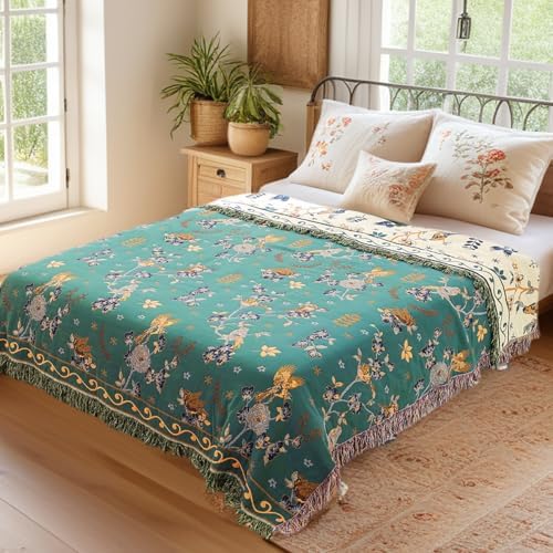 VANJOROY Boho 100% Cotton Large Throw Blanket King - All Season Rustic Ultra Soft Breathable Floral Bird Blanket for Bed Sofa Couch Chair Bedspread Quilt Gift, 91" x 108"-Teal/Beige - Image 6