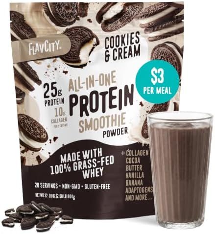 FlavCity All in One Protein Shake Powder, Cookies and Cream - On the Go Meal Alternative + Collagen Peptides, Reishi & Cordyceps - Focus, Skin, Hair & Joint Support - 100% Grass Fed Whey, 20 Servings by FlavCity