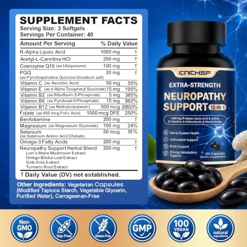 Neuropathy Support Nerve Supplement – 1000mg Advanced R-Alpha Lipoic Acid, L-Carnitine, Benfotiamine, PQQ,CoQ10,Magnesium & B-Complex for Nerve Health,Antioxidant & Cellular Energy,Vegan 240 Capsules - Image 2