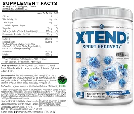 XTEND Sport BCAA Powder Blue Raspberry Ice - Electrolyte Powder for Recovery & Hydration with Amino Acids - 30 Servings - Image 2