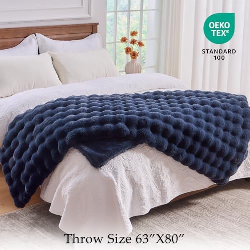 BENVWE Fluffy Faux Fur Throw Blanket for Couch, Soft Plush Thick Cozy Fuzzy Luxury Minky Bubble Blanket for Home Living Room Decor Gift for Women, Navy Blue, 63" x 80", 1100GSM - Image 2
