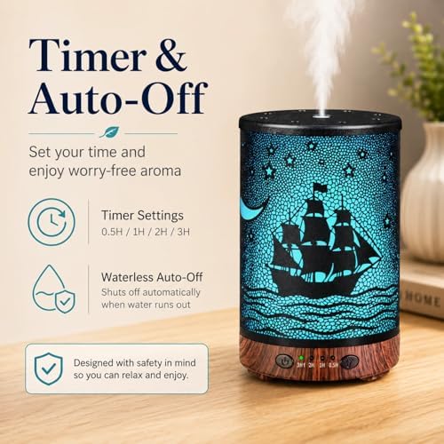 Essential Oil Diffuser 120ML Metal Aromatherapy Diffuser with Timer, Cool Mist Humidifier with Auto Shut-Off & 7 Color Lights for Home Office Spa (Sailing Ship) - Image 5