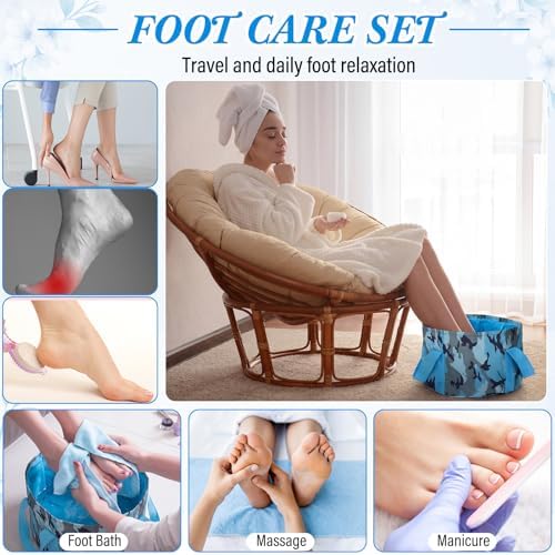 FillTouch 12 Pcs 15L Foldable Foot Soaking Tub Kit Portable Foot Bath Tub for Soaking Feet with Towel and Storage Bag Soak Spa Bucket for Travel Camping (Camouflage,Blue) - Image 5