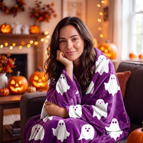 Mindsoft 7 Pcs Halloween Boo Gift Set Ghost Blanket Tumbler Socks, Purple - Image 5