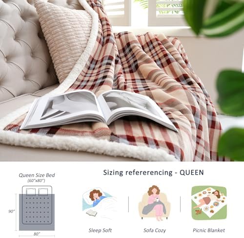 Gracelife Sherpa Blanket Throw Blanket for Couch Sherpa Fleece Blanket Fluffy Checkered Soft Blanket for All Season Use Cozy Thick Warm Big Throws (Beige-Plaid, 60"*80") - Image 6