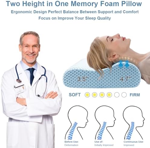 Anvo Memory Foam Pillow, Neck Contour Cervical Orthopedic Bed Pillow for Sleeping Side Back Stomach Sleeper, Ergonomic Design for Neck and Shoulder Pain Relief, Cyan, Firm - Image 2
