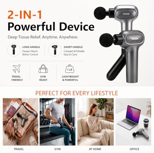 AxBerry Massage Gun, Deep Tissue Percussion Massager with Heat & Detachable Extension Handle, Handheld Muscle Massager for Back, Neck & Shoulders Pain, Portable Massage Gun, Muscle Gun - Image 4
