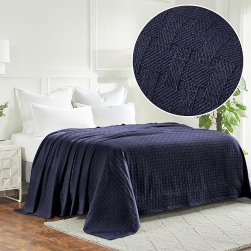 Superior Basketweave Cotton Blanket, Basket Weave Design, Soft, Comfy Cover for Bed, Bedding, Bedroom, Couch Throw, Lounging, Modern Boho Medium Weighted Blankets, King, Navy Blue - Image 2