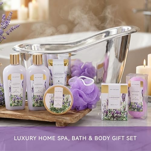 spa luxetique Spa Gift Baskets for Women, 8 Pcs Lavender Lotion Set with Bubble Bath, Shower Gel, Birthday Anniversary Self Care Kit for Her, Christmas Gifts for Mom - Image 4