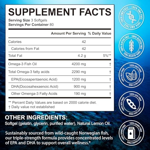 Triple-Strength Omega 3 Fish Oil Supplement 240 Softgels - High Potency EPA & DHA - Supports Brain, Eye, Skin, Joint & Heart Health for Adults - Lemon Flavor, from Sustainably Sourced Fish - Image 6