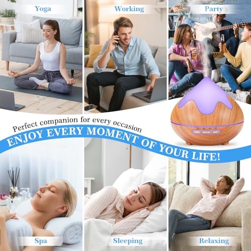 500ML Essential Oil Diffuser, Aromatherapy Diffuser with Remote Control, Multifunctional Air Diffusers for Home Office Room, Fragrance Aroma Diffuser with 7 Color LED & 2 Mist Mode, Light Brown - Image 7