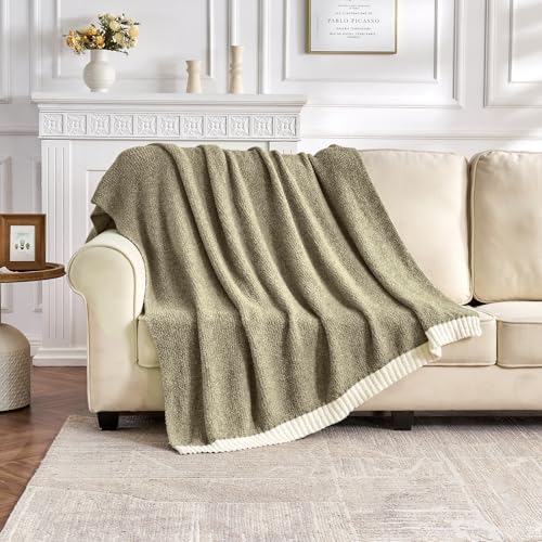 CozeCube Reversible Knitted Throw Blanket,Olive Green White Melange 50"x60" - Image 4
