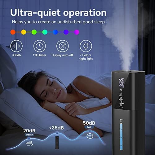 Humidifiers Large Room Bedroom with 7 Colors Light, 2.1Gal(8L) 3 Speed Quiet Ultrasonic Cool Mist Humidifier with 360° Nozzle, Humidity Setting, Timer,Aroma Box for Home Plant Baby Yoga Sleep (Black) - Image 5