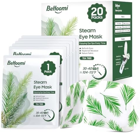 BeHoomi 20 Packs Steam Eye Mask, Heated Eye Mask Warm Compress for Eyes, Disposable Self Heating Steam Mask for Home, Sleep, Spa, Travel Essentials & Relaxation Gifts for Women (Tea Tree) by BeHoomi