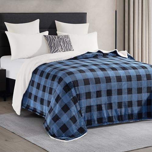 Elegant Comfort Ultra Soft Reversible Buffalo Plaid Flannel Sherpa Blanket - Cozy Silky Checkered Fleece Throw for Couch, Bed - Plush Fuzzy Warm Winter Blanket for Gift, Full, Blue - Image 3