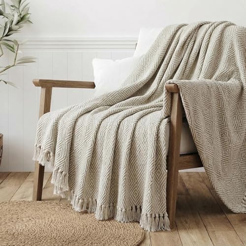 Americanflat 50x60 Throw Blanket - Soft and Breathable Cotton Throw Blanket for Couch, Bed, Chair - Decorative Blankets Perfect for Home, Office, or Outdoor Use - Cream and Beige Diamond Design - Image 4