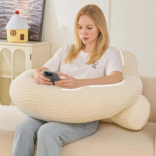 19" Reading Pillow for Bed,U Shaped Arm & Elbow Support,White Corduroy by Wervity