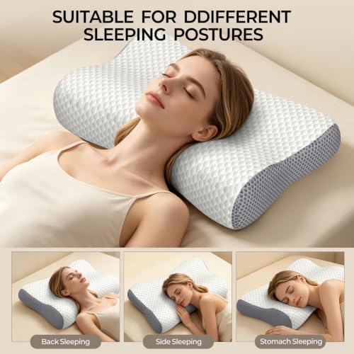 Cervical Neck Pillow for Pain Relief, Contour Memory Foam Pillows for Sleeping, Ergonomic Pillow Orthopedic Cooling Pillow Bed Pillow Neck Support for Side Back Stomach Sleepers (Off White&Gray) - Image 6