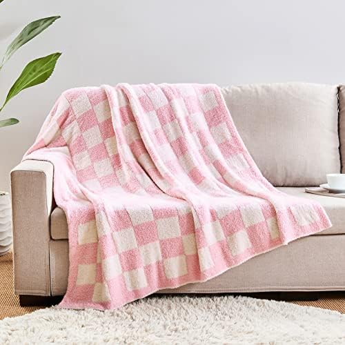 CozeCube Pink White Reversible Checkered Knit Throw Blanket 60"x80" - Image 5