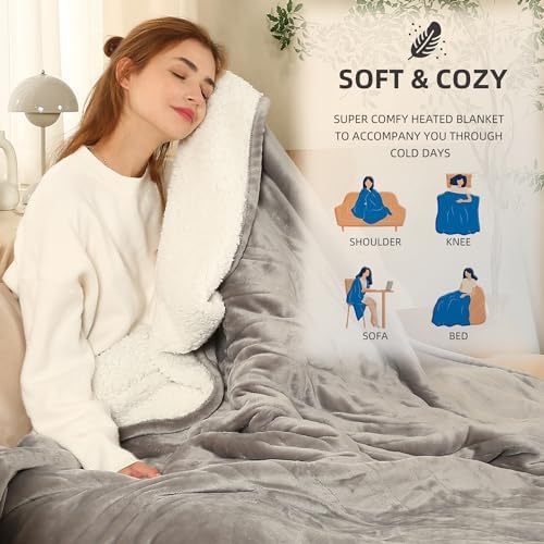 ESTINGO Heated Throw Blanket Electric Blanket Throw, Heated Blanket with 5 Heating Levels & 4 Hours Auto Off, Super Cozy Soft Sherpa Heating Blanket with Fast Heating for Bedding, 50"x60", Light Gray - Image 6