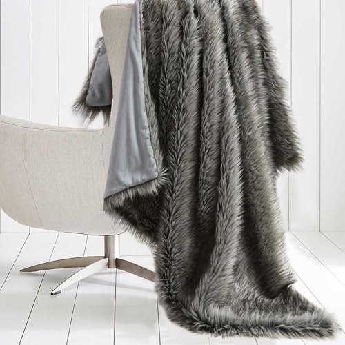 HORIMOTE HOME Luxury Plush Faux Fur Throw Blanket, Long Pile Grey with Black Tipped Blanket, Super Warm, Fuzzy, Elegant, Fluffy Decoration Blanket for Couch, Armchair, Sofa and Bed, 50''x 60'' by HORIMOTEHOME