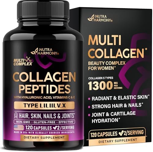 Multi Collagen Peptides 1300mg - Hydrolyzed Types I II III V & X - 120 Caps by NUTRAHARMONY
