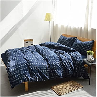 F.Y.Dreams 100% Washed Cotton Duvet Cover for Weighted Blanket 60x80 inches with 16 Ties, Zipper on Long Side/Navy Grid/Just Duvet Cover - Image 2