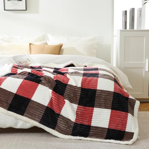PU MEI Sherpa Blanket Twin Plaid Thick Bed Blanket, 60”*80” Super Soft Flannel Fuzzy Fleece Reversible Velvet Plush Warm Blanket for Couch (Black Red Check) - Image 3