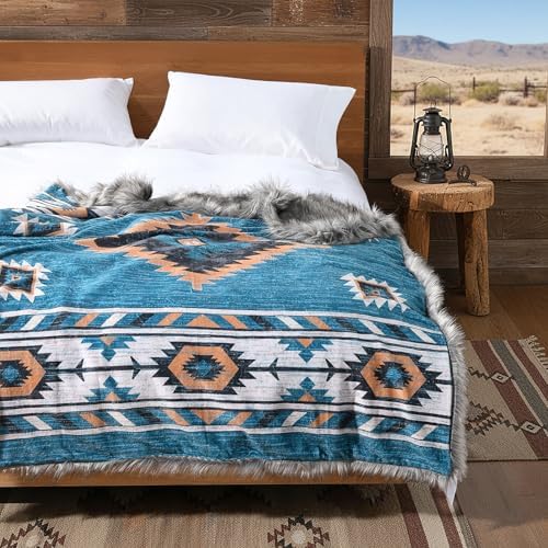 Luxury Plush Faux Fur Throw Blanket with Aztec Pattern, Super Warm, Fuzzy, Elegant, Fluffy Decoration Blanket for Couch, Armchair, Sofa and Bed, 50''x 60'', Teal - Image 2