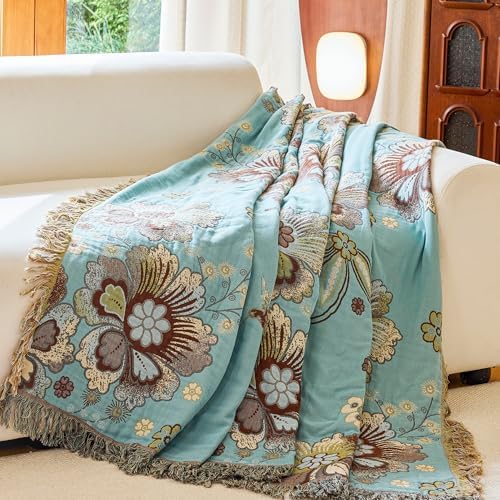 VANJOROY Boho Throw Blanket 60" x 80", 100% Organic Cotton Breathable Skin-Friendly Ultra Soft Bed Quilt Blue Throw - Floral Rustic Decor Luxury Reversible Blanket for Sofa Couch Chair and Gift, - Image 7