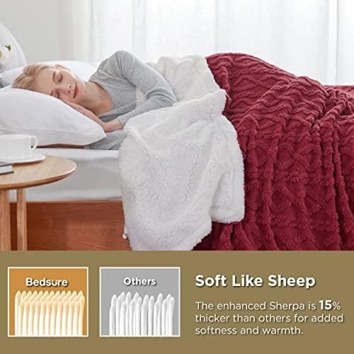 Bedsure Sherpa Fleece Blanket, Cable Jacquard Tufted, Warm, Red, Twin - Image 3