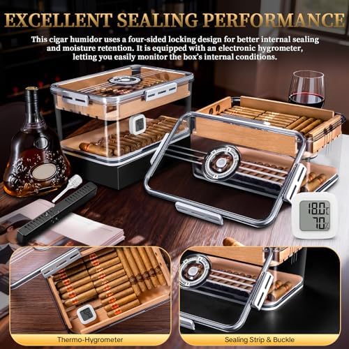 CIGARLOONG Cigar Humidor Large with Cedar Shelves, Cigar Cutter Punch and Hygrometer & Humidifier, Acrylic Cigar Desktop Box Storage for 100 Cigars Partition Clear Airtight Cigar Humidor (Large) - Image 6