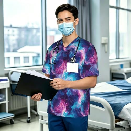 Men's Scrub Top,V-Neck Spill Wrinkle Resistant,3 Pockets-Space Galaxy (18) - Image 3