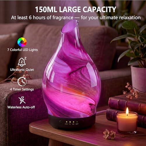 Aromatherapy Diffuser Essential Oil Diffuser - Glass Diffuser Ultrasonic Aroma Diffuser 150ml Scented Oil Diffuser with Auto-Off Protection & 7 Colors Night Light for Home Office Decor&Gift - Image 3