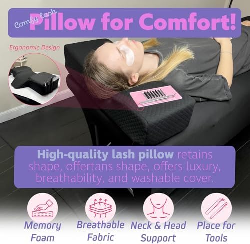Lash Pillow for Eyelash Extensions - Curved Memory Foam Bed Pillow, Ergonomic Head Rest with Neck Support, Side Pockets for Tools, Fits Lash Beds for Tech – Black - Image 3