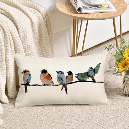 RABUSOFA 12x20 Lumbar Pillow Decorative Throw Pillows,Small Hand-Painted Outdoor Birds Pillowcases,Spring Summer Pillows Decorative Throw Cushion Covers Linen for Couch Sofa Teal Blue - Image 3