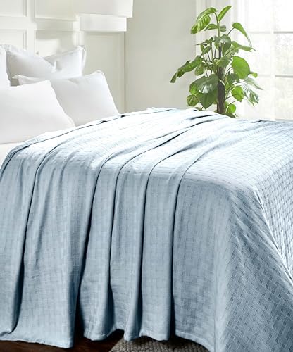 Superior Basketweave Cotton Blanket, Basket Weave Design, Soft, Comfy Cover for Bed, Bedding, Bedroom, Couch Throw, Lounging, Modern Boho Medium Weighted Blankets, Full/Queen, Light Blue - Image 7