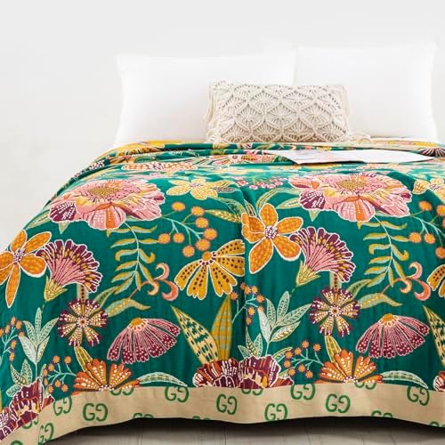 100% Muslin Cotton Throw Blanket for Bed Couch Chair, Bohemian Floral Colorful Retro Quilt Ultra Soft Reversible Gauze Blanket for All Season, 80"x90" - Image 2