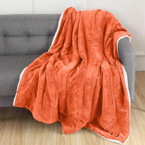 Elegant Comfort Luxury Ultra-Plush Velvet Touch Fleece Throw Soft, Warm, Cozy| Micromink Sherpa-Backing Reversible Blanket for Bed, Sofa and Couch, Solid Orange - Image 2