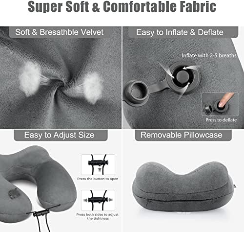 Inflatable Travel Neck Pillow for Airplanes, Super Soft Velvet Neck Support, Adjustable Firmness, Blow Up Plane Pillow for Long Flights, Road Trips, Travel Essentials with Eye Mask, Earplug - Image 4