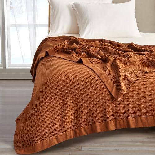 Great Bay Home 100% Cotton Blanket for Full/Queen Size Bed | Lightweight and Breathable Waffle Weave Blankets for Summer & Spring | Versatile, Layering Orange Bed Blanket, Terracotta, 90x90 inches. by GreatBayHome