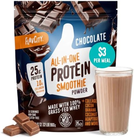 FlavCity Chocolate All in One Protein Shake Powder - On the Go Meal Alternative + Collagen Peptides, Reishi & Cordyceps - Focus, Skin, Hair & Joint Support - 100% Grass Fed Whey, 20 Servings by FlavCity