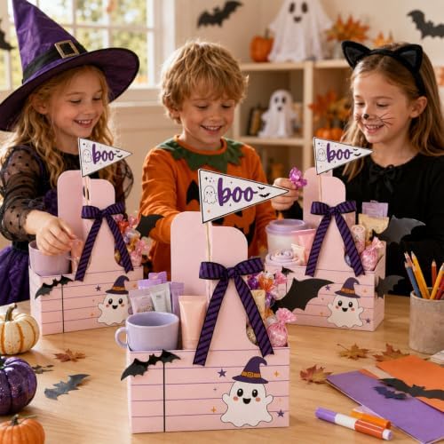 12 Set Halloween Teacher Gifts Drink Carrier Kit, Ghost Teacher Boo Basket Gifts, Disposable Cardboard Cup Holders with Handle, Ribbon and Gift Flags, for Teachers - Image 5