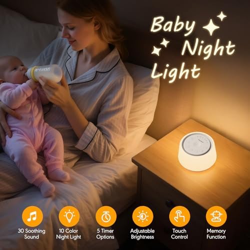 White Noise Machine with Night Light, 30 Soothing Sounds Portable Sound Machine for Baby and Adults, 10 Color Night Light, 5 Timer Options, Memory Function,Compact for Travel (White) - Image 2