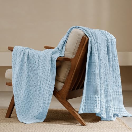 PHF Lightweight 100% Cotton Waffle Throw Blanket for Couch, Baby Blue by PHF